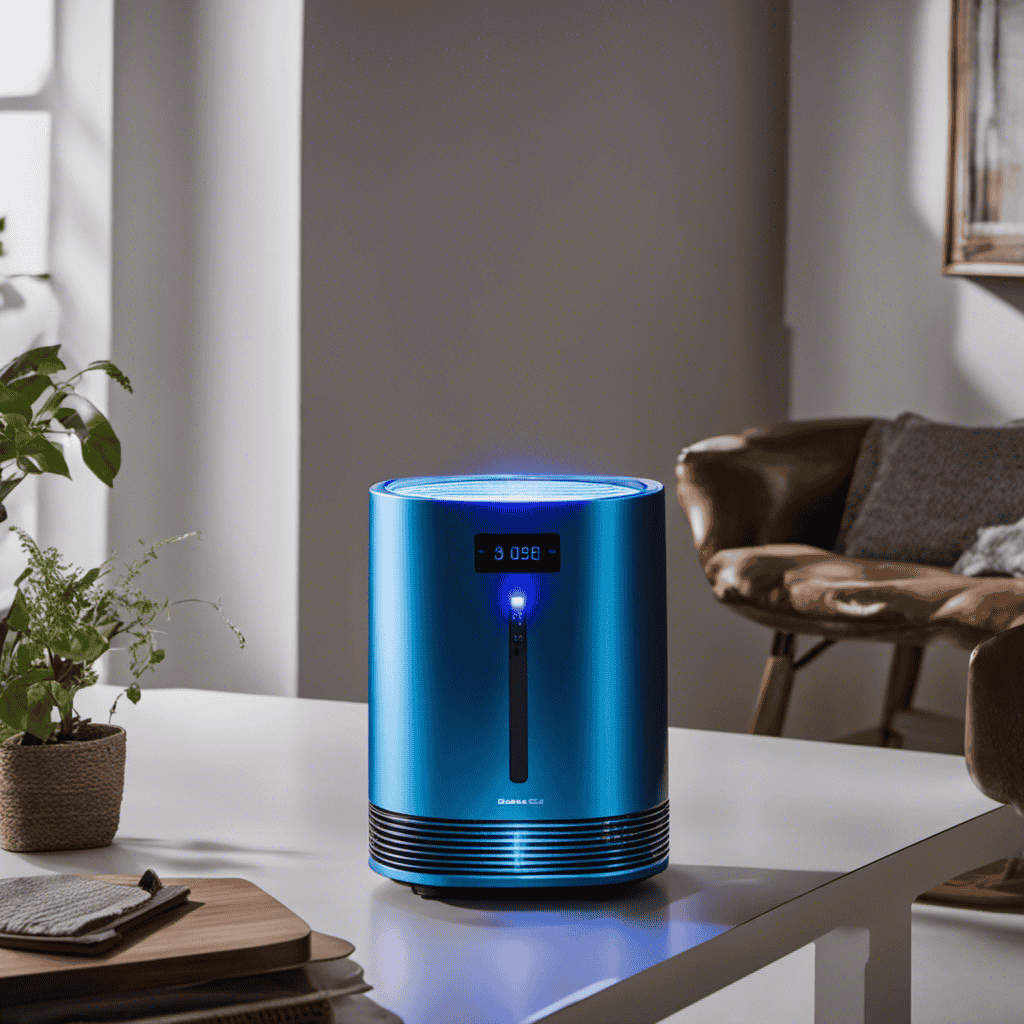 An image showcasing a person using both hands to press and hold the power button on a Blue Air Purifier, while a vibrant blue LED light indicates the device is being reset