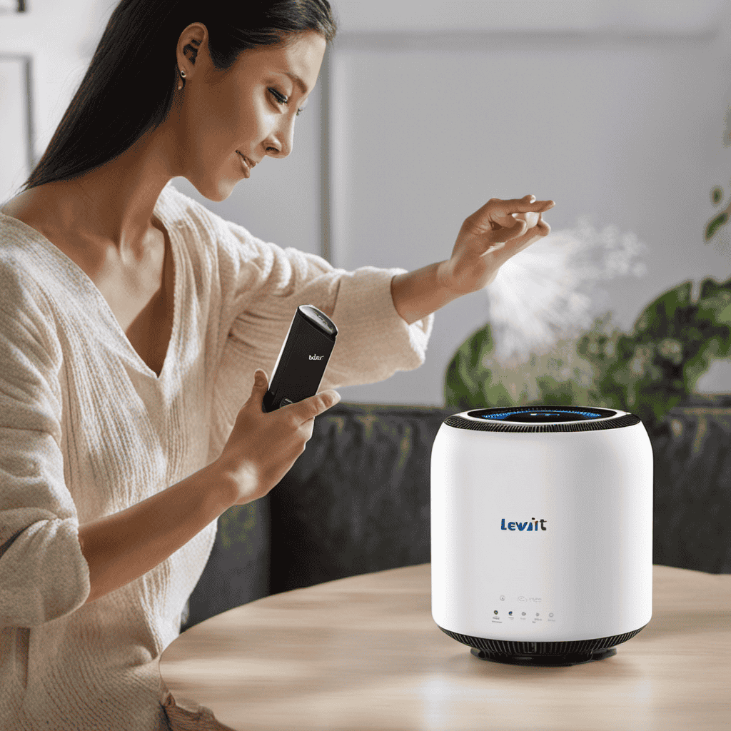 image of a person holding the Levoit Air Purifier with a bright LED light above the filter, indicating "change filter" alert