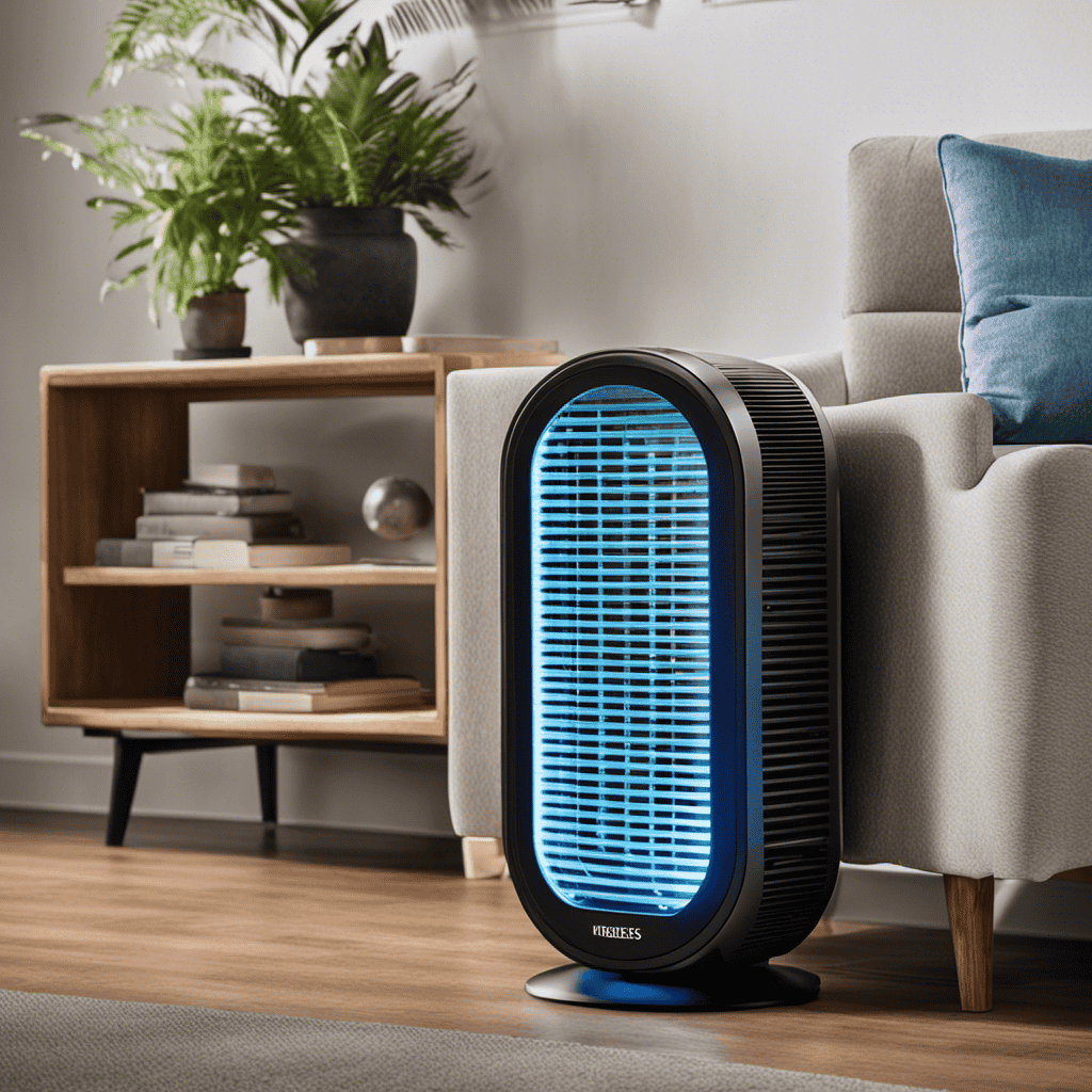 An image showing a Homedics air purifier with a clean filter light illuminated