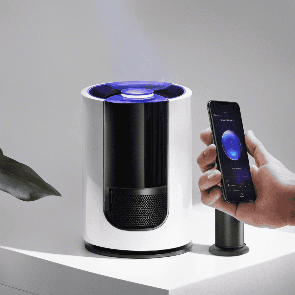 An image showcasing a person pressing and holding the power button on a Dyson air purifier while simultaneously unplugging and plugging it back into the power source, illustrating the step-by-step process of resetting the device without a remote