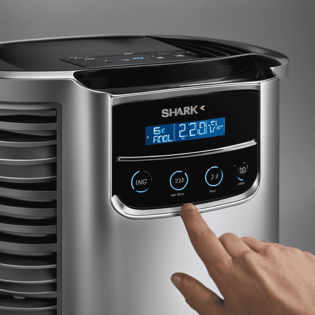 An image showcasing a close-up of a hand holding the Shark Air Purifier control panel, with fingers pressing the reset button