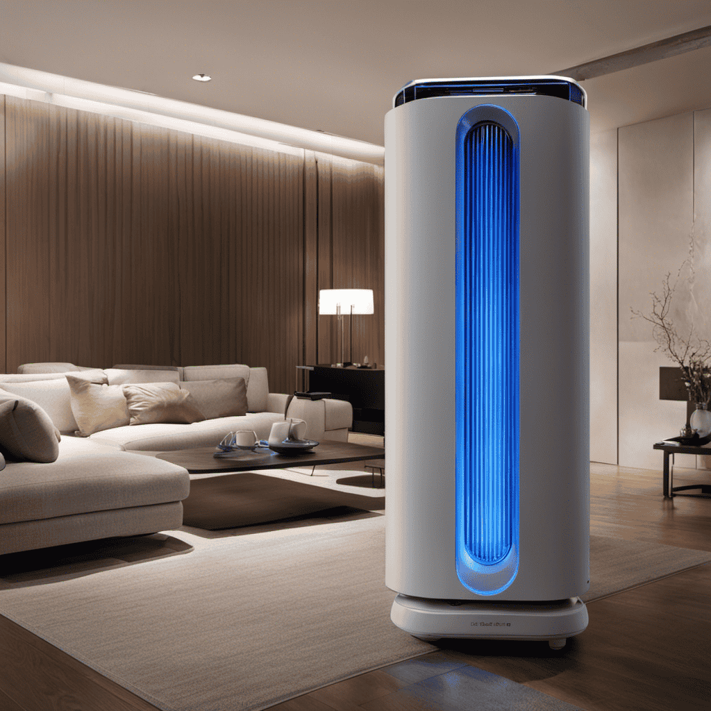 An image that showcases a Blue Air Purifier with a prominently displayed filter light