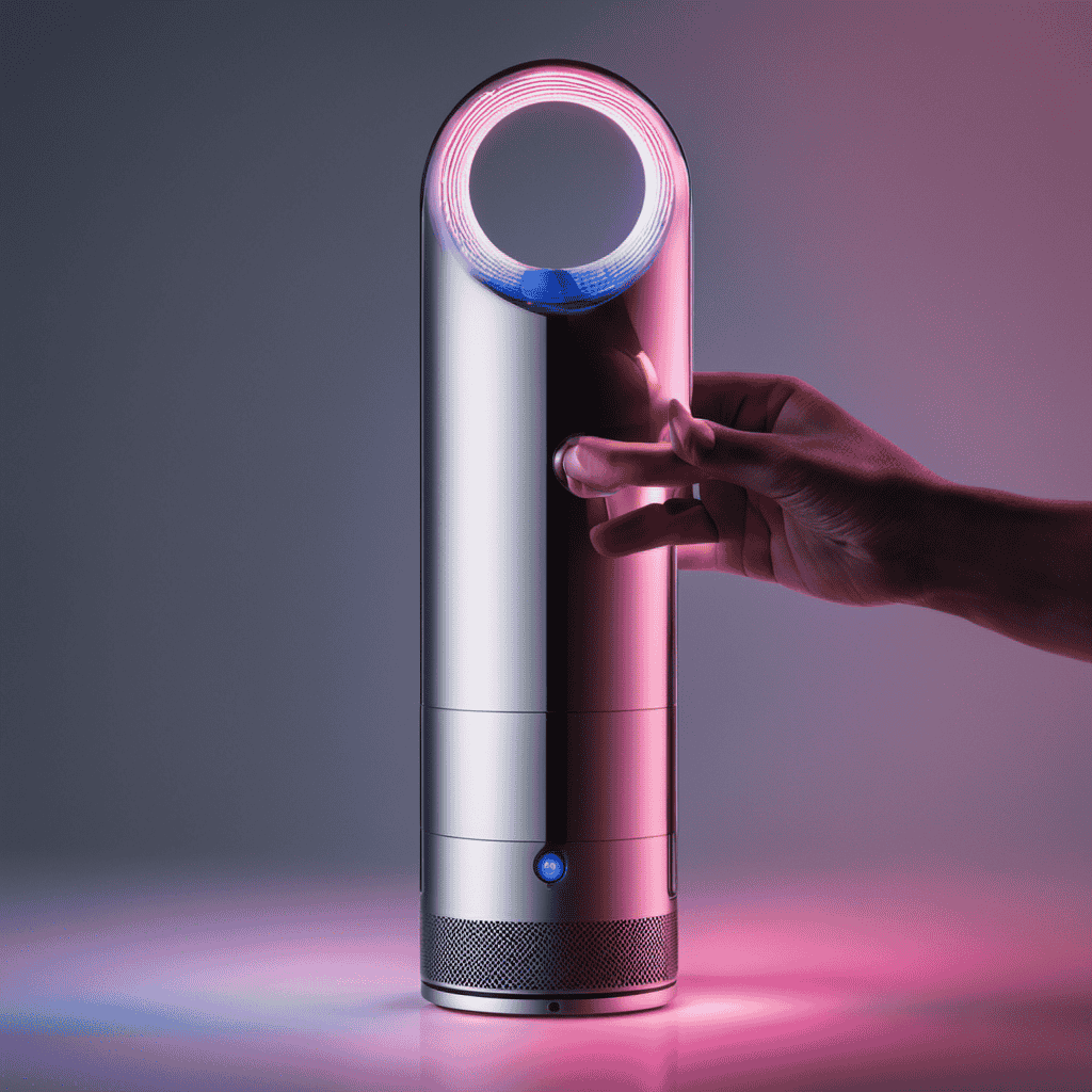 An image portraying a hand holding a Dyson Air Purifier with a glowing filter light