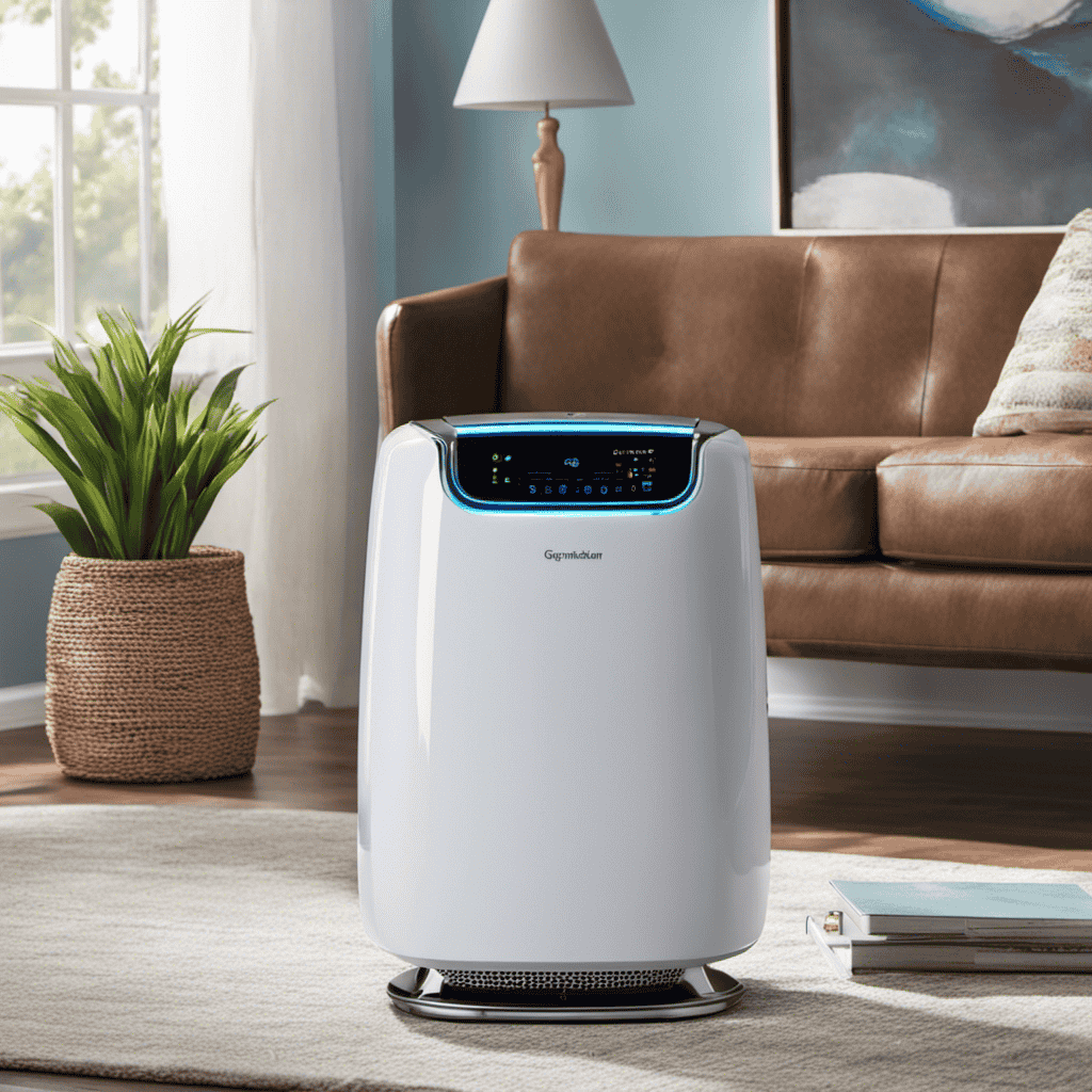 An image featuring a Germguardian Air Purifier with a glowing filter light