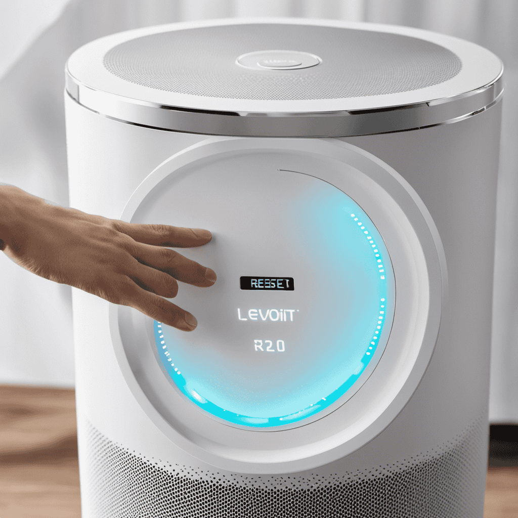 An image showcasing a close-up of a Levoit Air Purifier's control panel, with the user's hand gently pressing the "Reset Filter" button