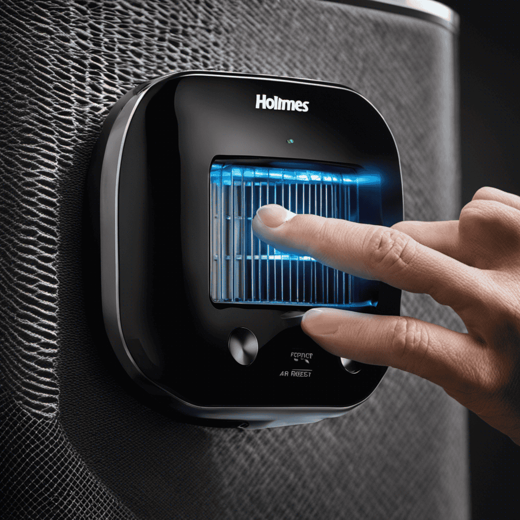 An image showcasing a person's hand holding a Holmes Air Purifier, with a close-up of their finger pressing the reset button on the filter panel