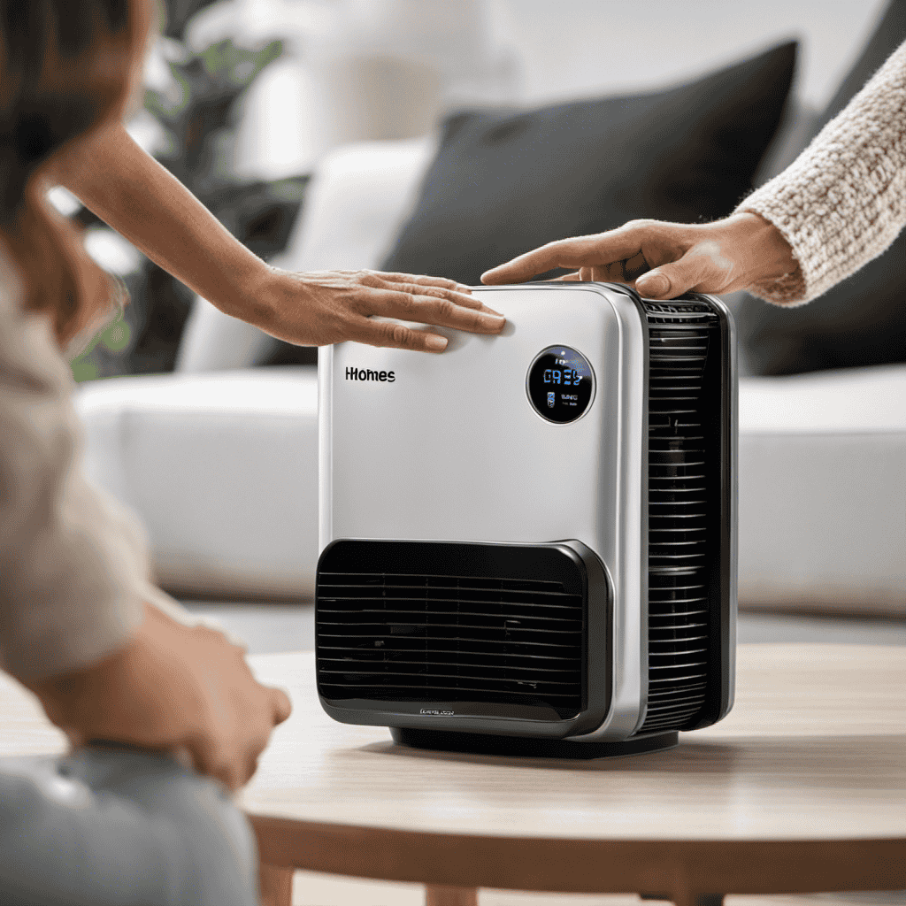 An image showing a pair of hands gently pressing and holding the power button on a Holmes Air Purifier Hap 702, while another hand reaches for the reset button located discreetly on the side