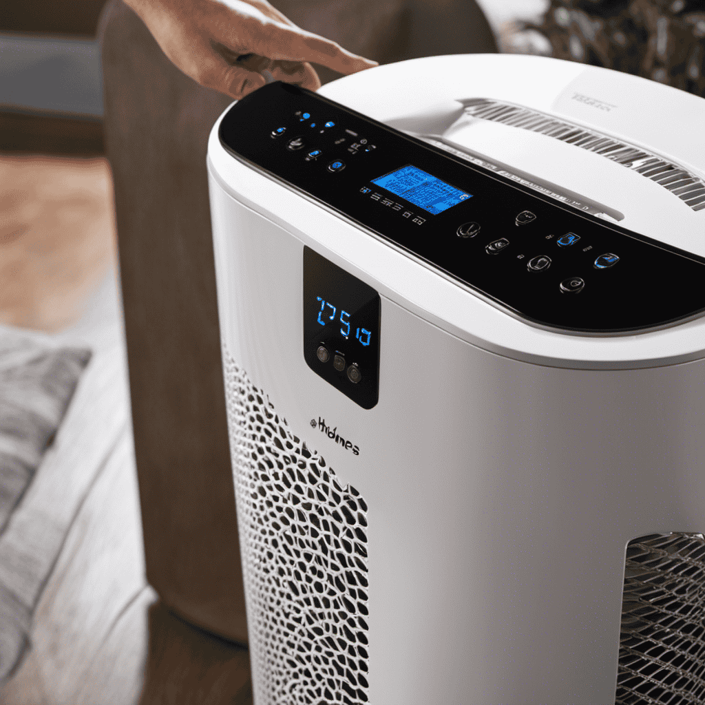 An image showcasing a person gently pressing and holding the reset button on a Holmes air purifier, with a clear close-up of the button and the purifier's display screen indicating the reset process