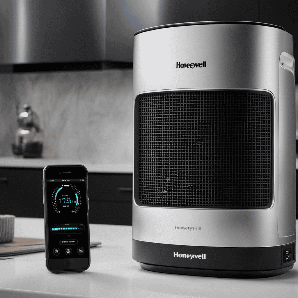 An image featuring a hand pressing and holding the "Reset" button on a Honeywell air purifier, while the filter light indicator blinks