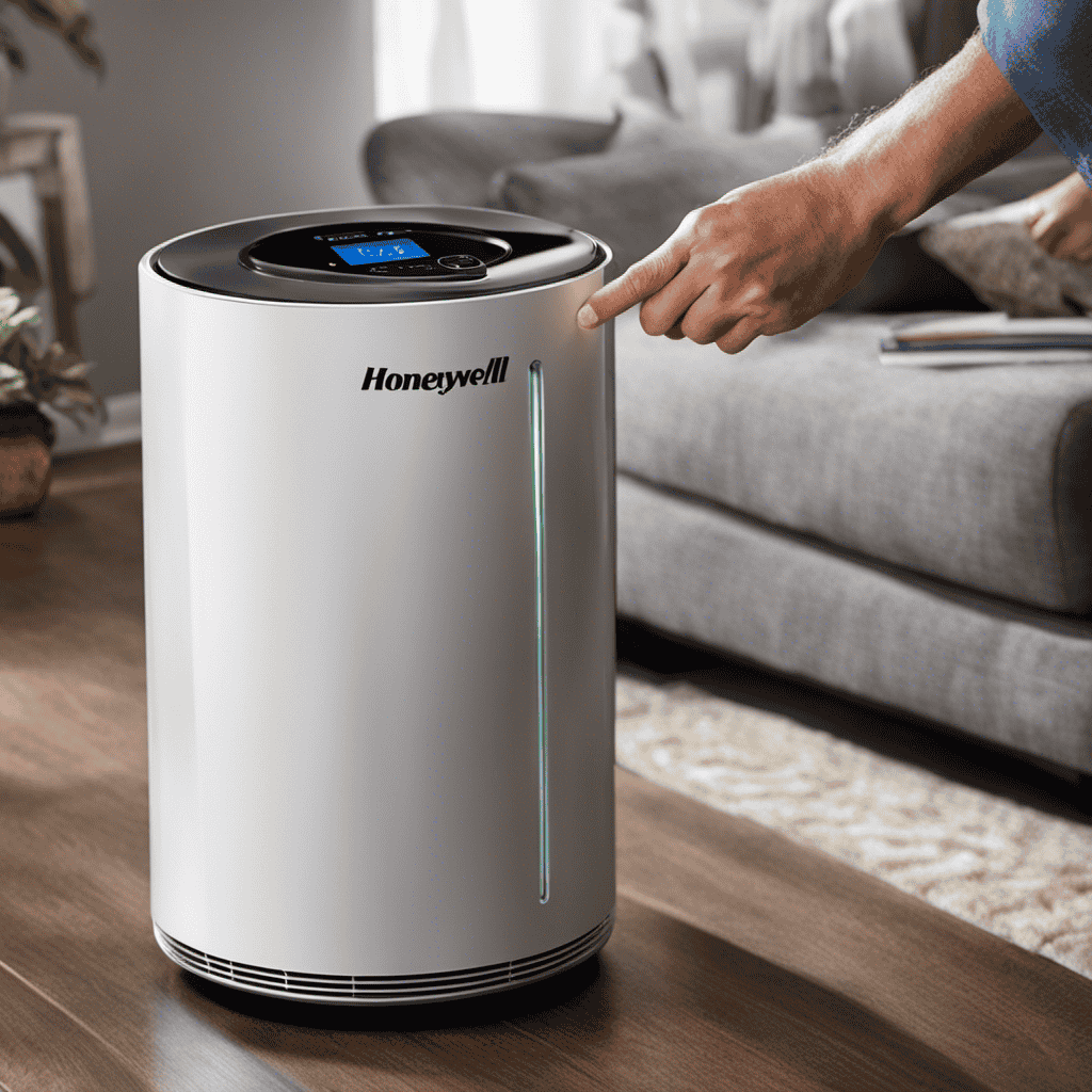An image capturing a person gently pressing and holding the "Reset" button on a Honeywell air purifier, while a small LED indicator blinks, indicating successful reset