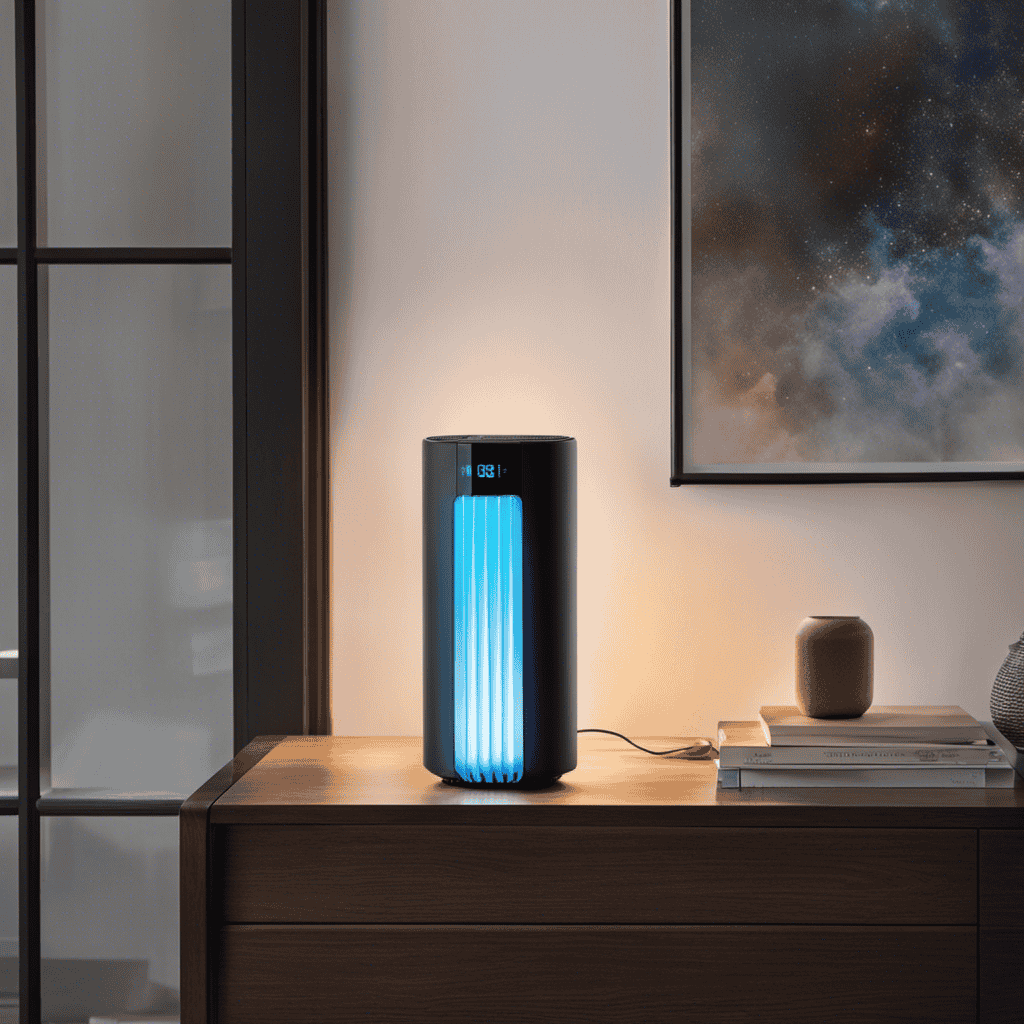 An image of a person gently pressing and holding the Medify Air Purifier's reset button located on the side of the device, while a soft blue LED light flashes to indicate the reset process