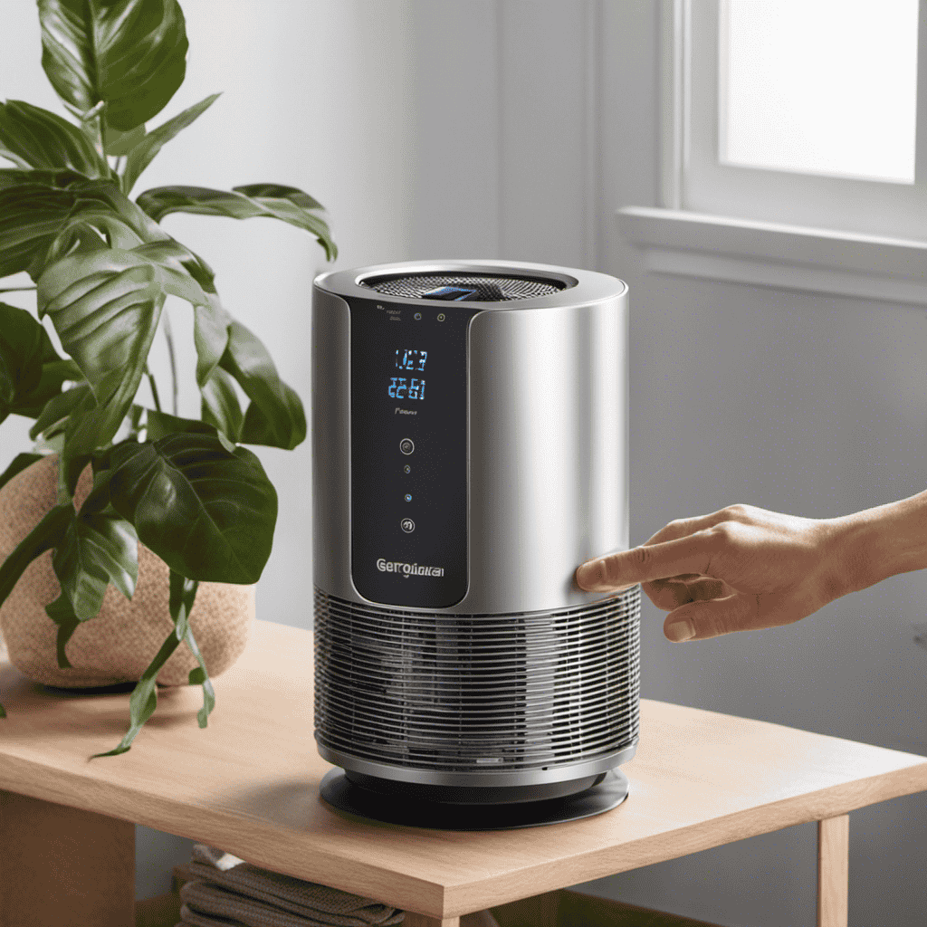 An image depicting a person pressing and holding the "Reset" button of a Germ Guardian Air Purifier Hepa, with a clear close-up of their hand and the button, showcasing the process of resetting the device