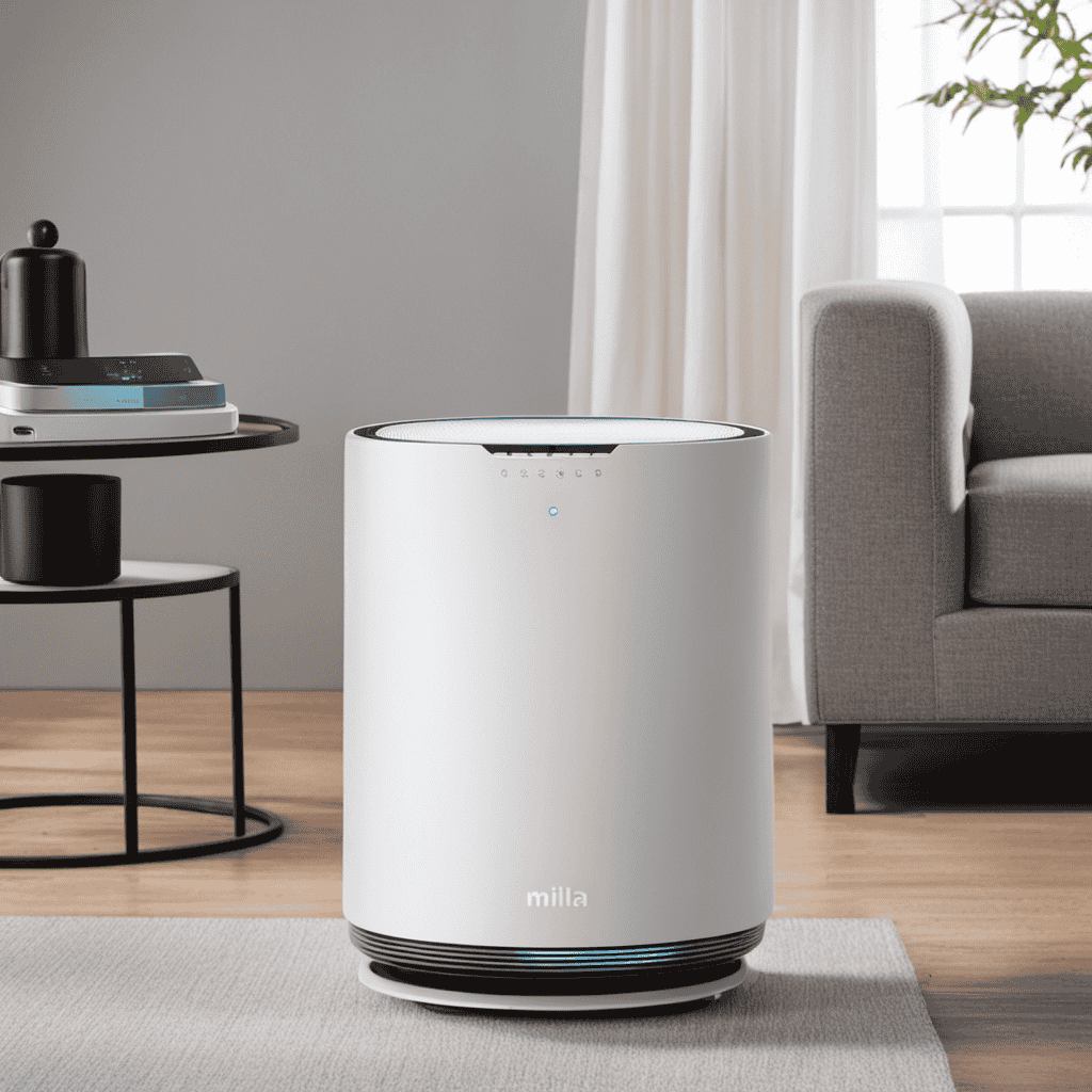An image showcasing a person pressing and holding the reset button on the Mila Air Purifier, while the device's LED indicator blinks rapidly, indicating the reset process
