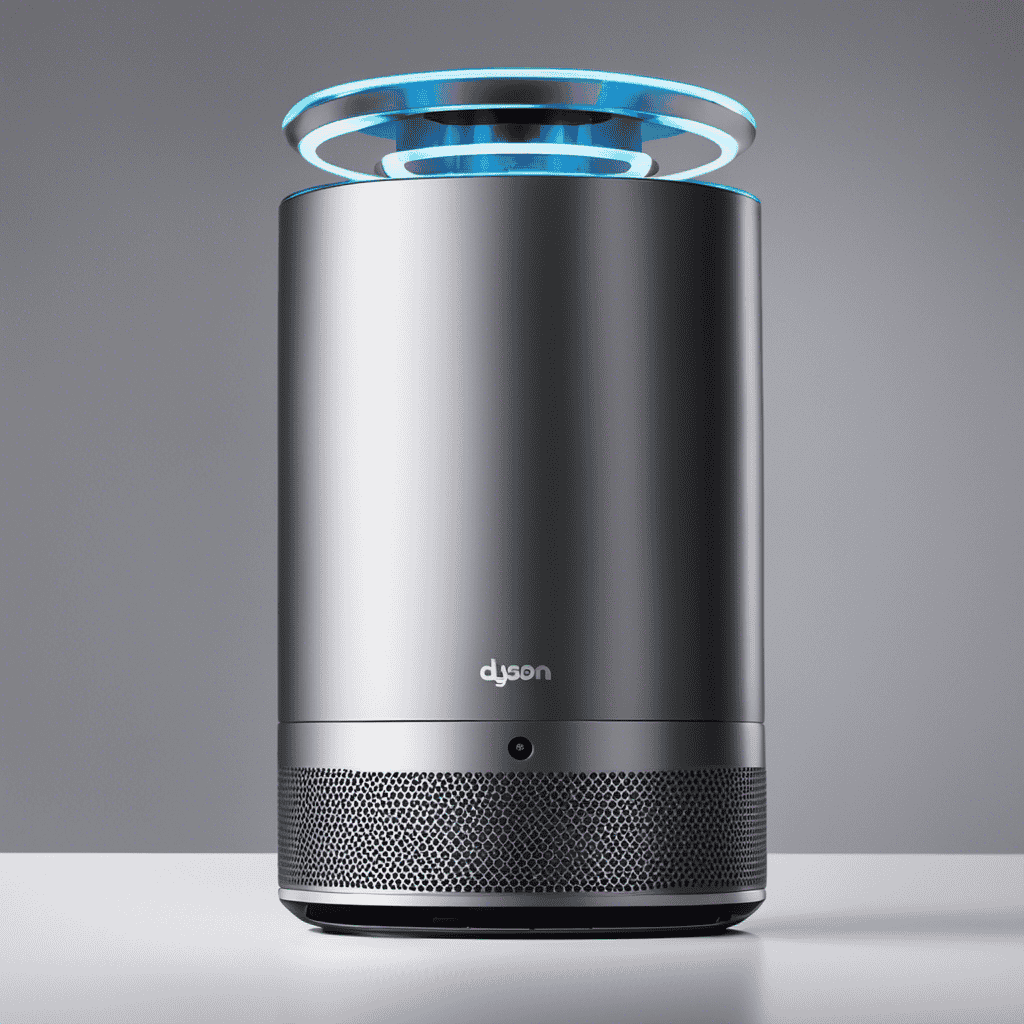 An image of a person holding a Dyson Air Purifier, with one hand on the power button and the other hand on a small reset button located at the bottom of the device