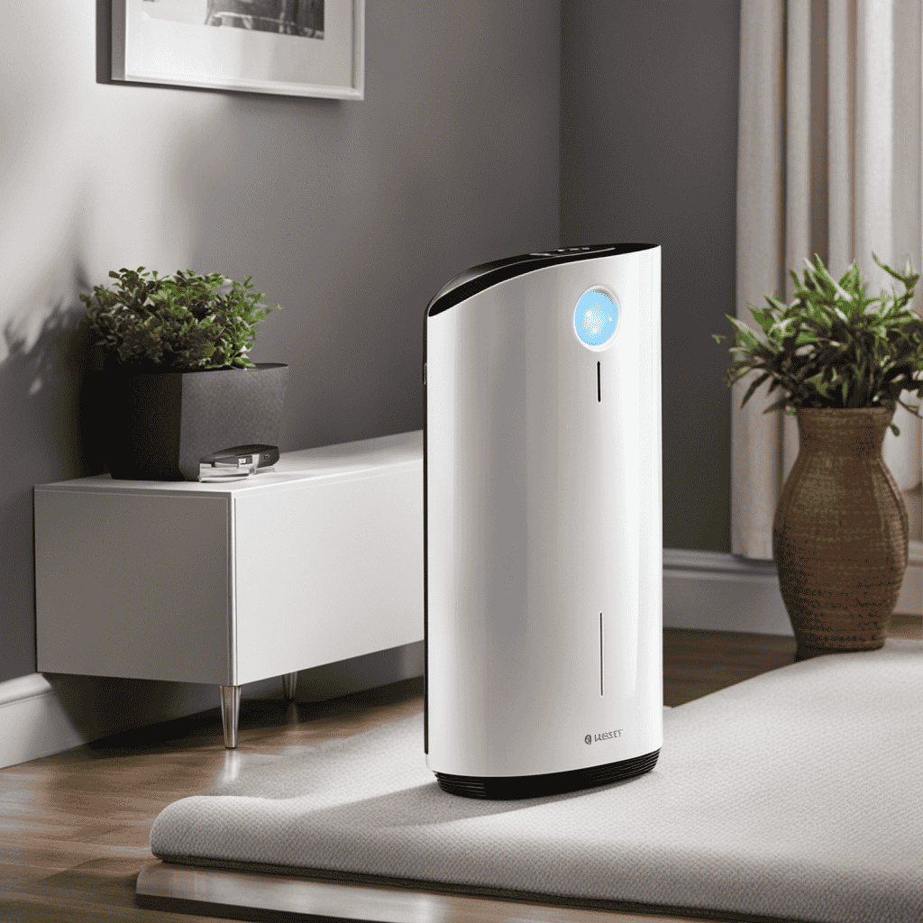 An image showcasing a person gently pressing and holding the reset button on the Quiet Pure Air Purifier, with a series of clear LED indicators illuminating the progress, conveying the step-by-step process of resetting the device
