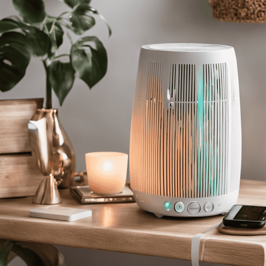 An image showcasing hands holding a Scentsy Air Purifier, with one hand pressing and holding the reset button while the other hand adjusts the settings dial