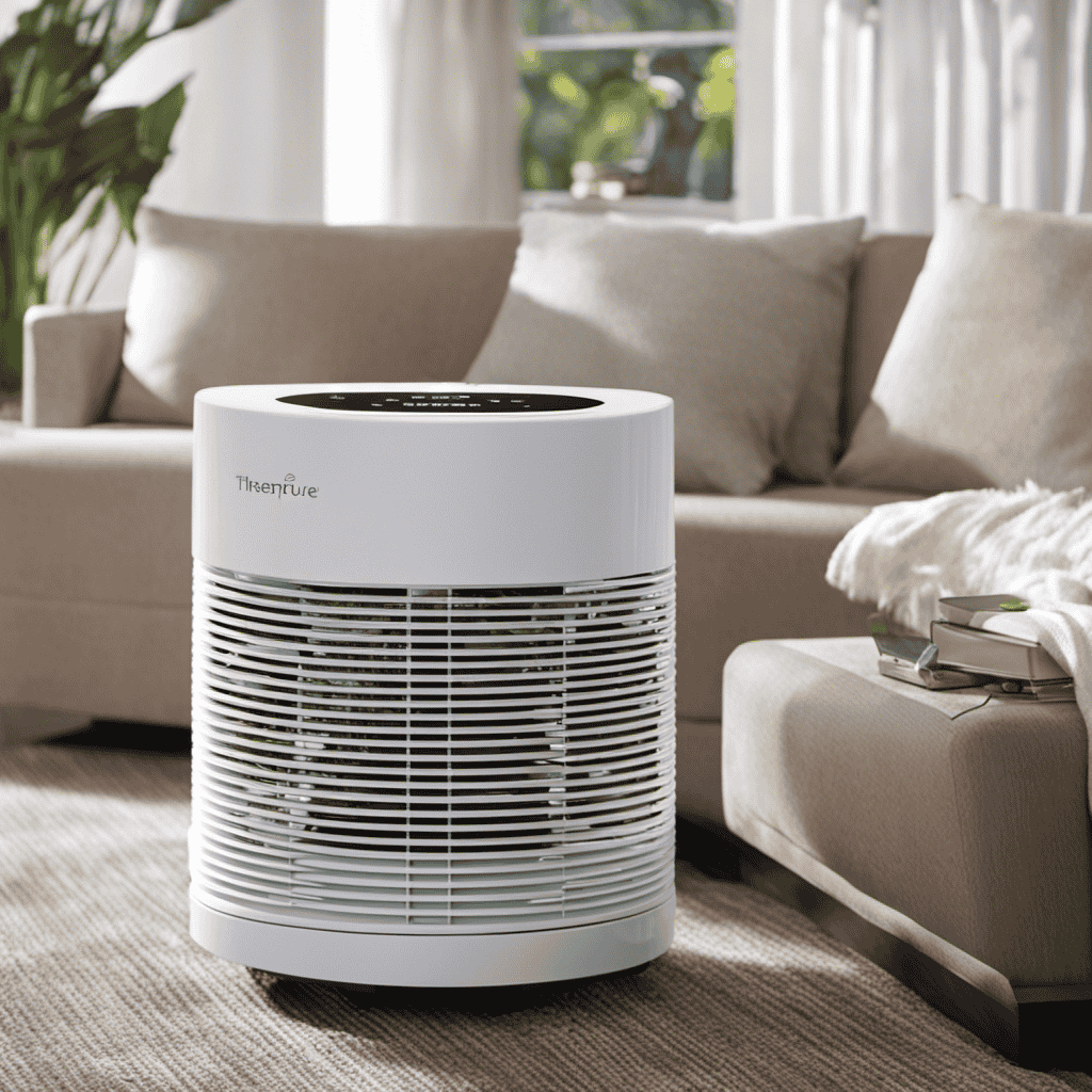 An image showcasing a person gently pressing and holding the reset button on a Therapure air purifier, with a serene and clean living room in the background, symbolizing the refreshing and rejuvenating effects of the purifier