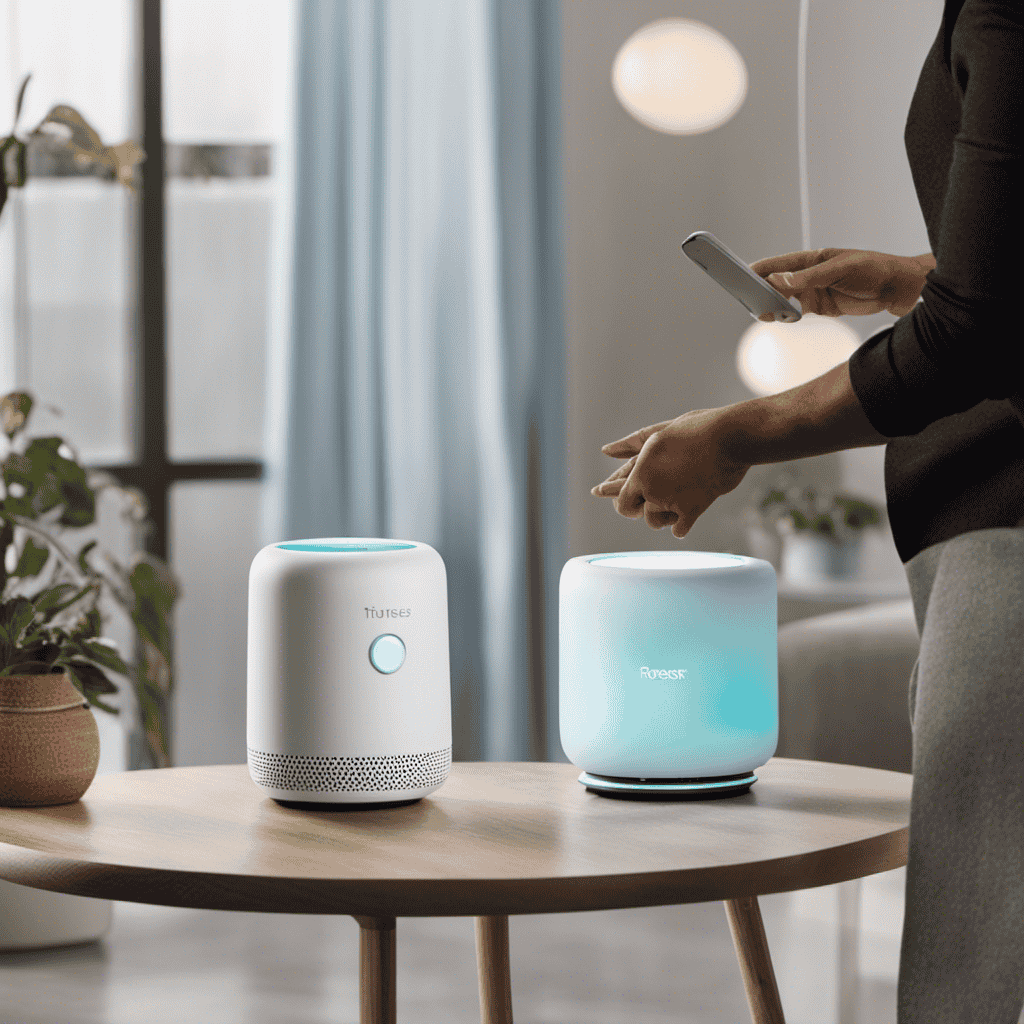 An image showing a person gently pressing and holding the "Reset" button on the Trusens Air Purifier, while a soft blue light emanates from the device, indicating the reset process