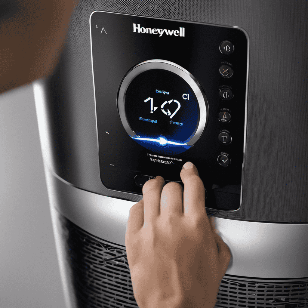 An image showcasing a person holding the power button of a Honeywell air purifier while simultaneously pressing the reset button, with clear arrows illustrating the sequence of actions