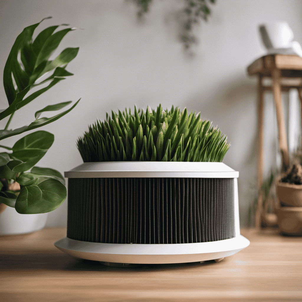 An image showcasing a pair of skilled hands carefully removing an air filter from an air purifier, followed by an inventive sequence of repurposing ideas: cutting it into smaller pieces, transforming it into a DIY fan filter, and using it as a plant pot cover