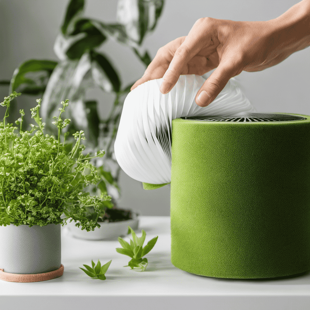 An image capturing the process of repurposing an air purifier filter: A pair of hands carefully removing the filter, cleaning it with water, and transforming it into a DIY air freshener or a garden water filter