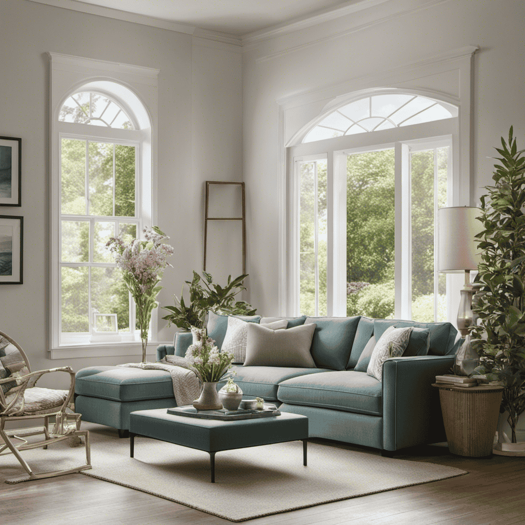 An image of a serene living room with an air purifier in the corner, surrounded by fresh flowers and an open window, showcasing clean, crisp air flowing into the room, eliminating any lingering odors