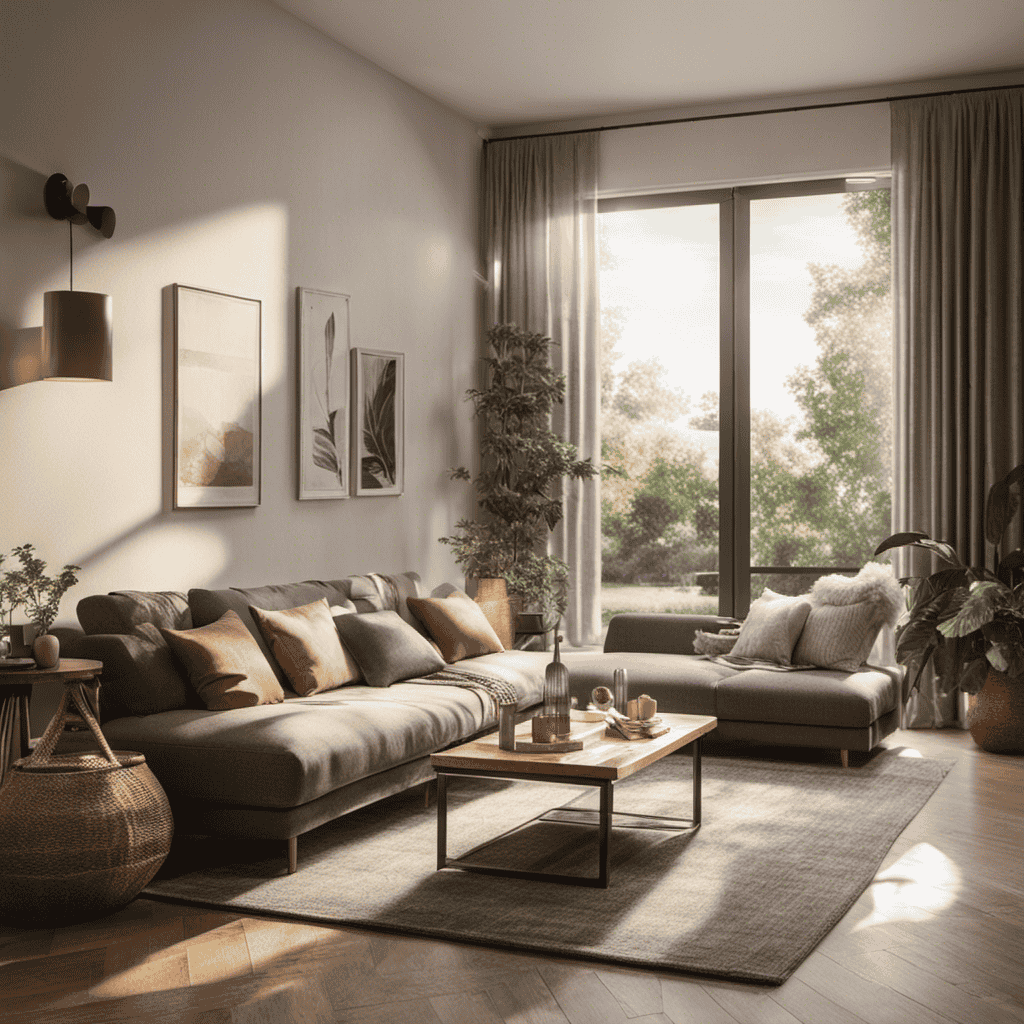 An image showcasing a cozy living room with sunlight streaming through a window, featuring an air purifier seamlessly blending into the decor