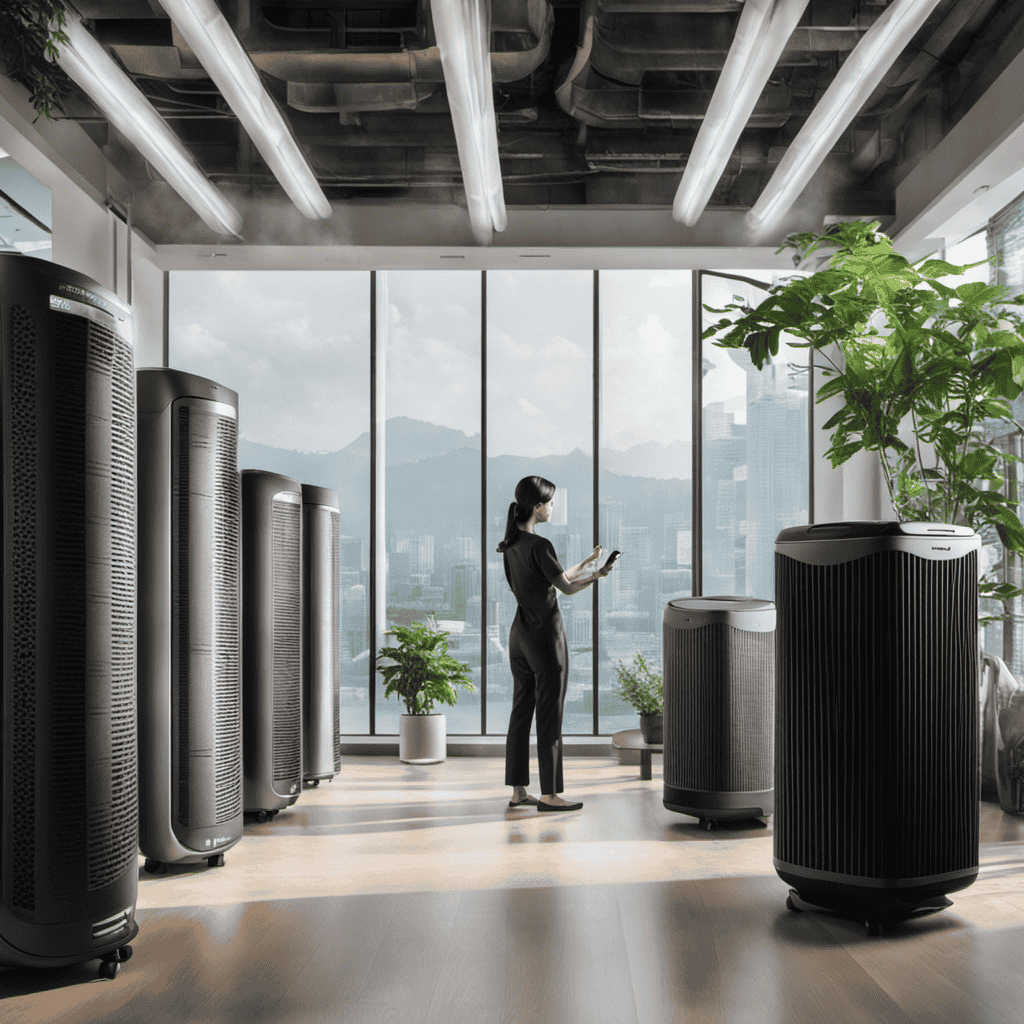An image featuring a person standing in a well-lit room, surrounded by various air purifiers