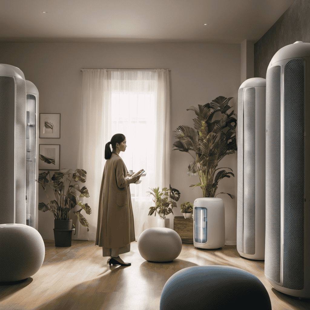 An image showcasing a person in a room, surrounded by various air purifiers of different shapes and sizes