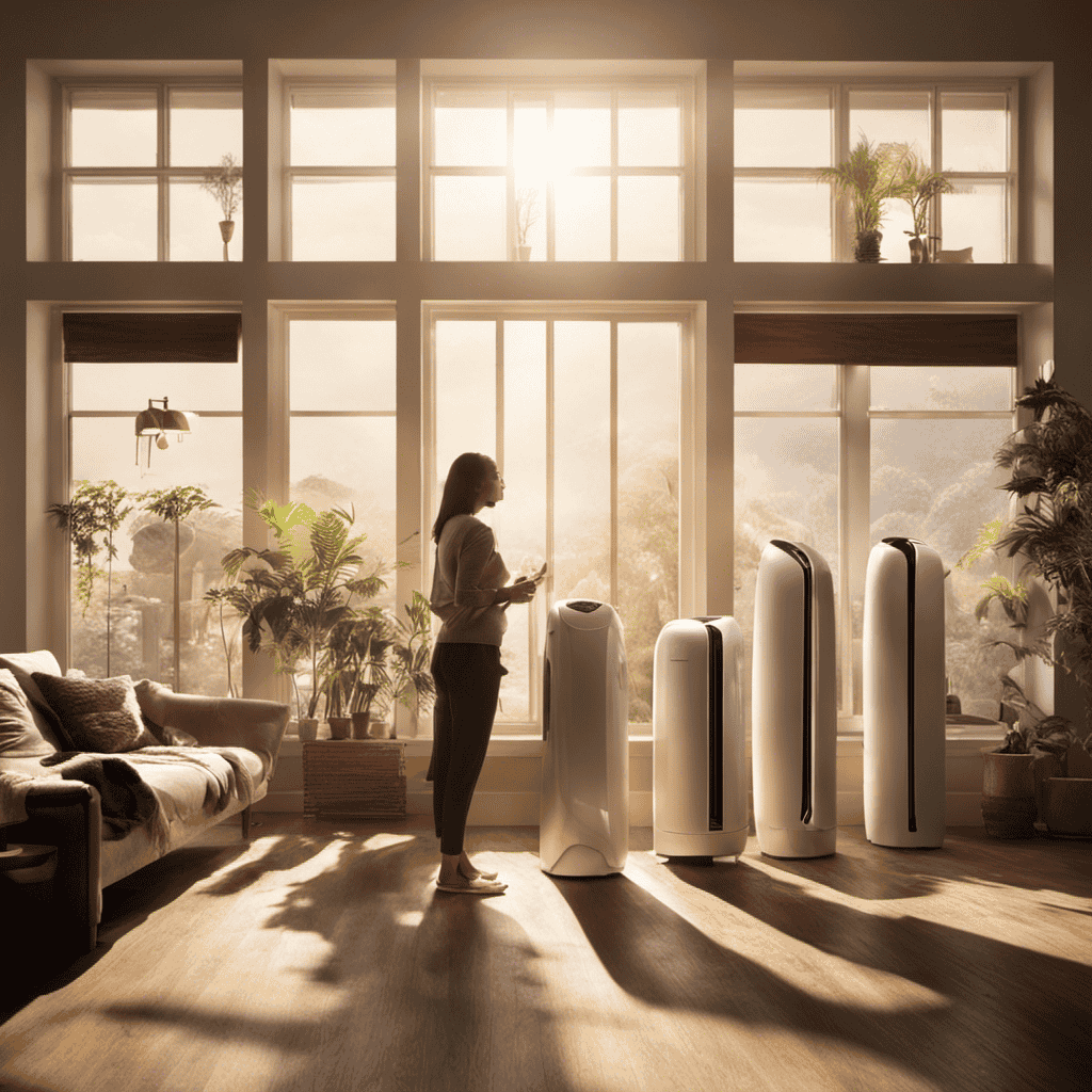An image of a person standing in a living room, surrounded by various air purifiers of different sizes and designs