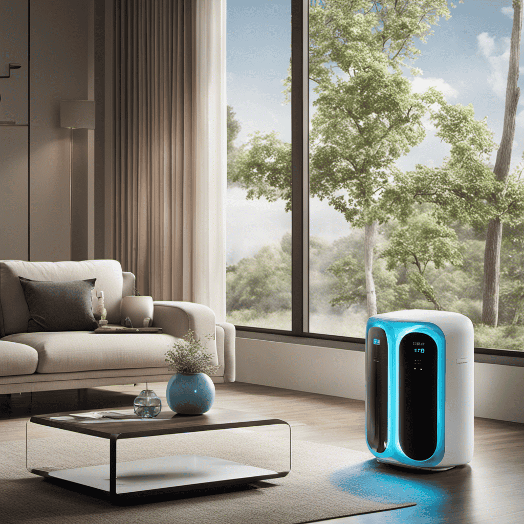 An image showcasing a well-lit living room with a Coway Air Purifier placed near a window, emitting a gentle blue light