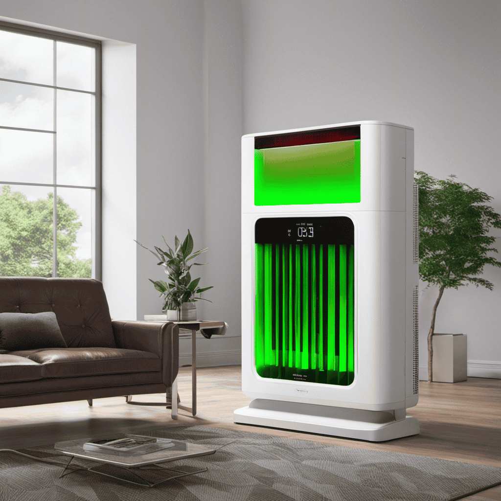 An image showcasing a room with a visible air quality meter, displaying green for clean air and red for polluted air, while demonstrating the air purifier in action