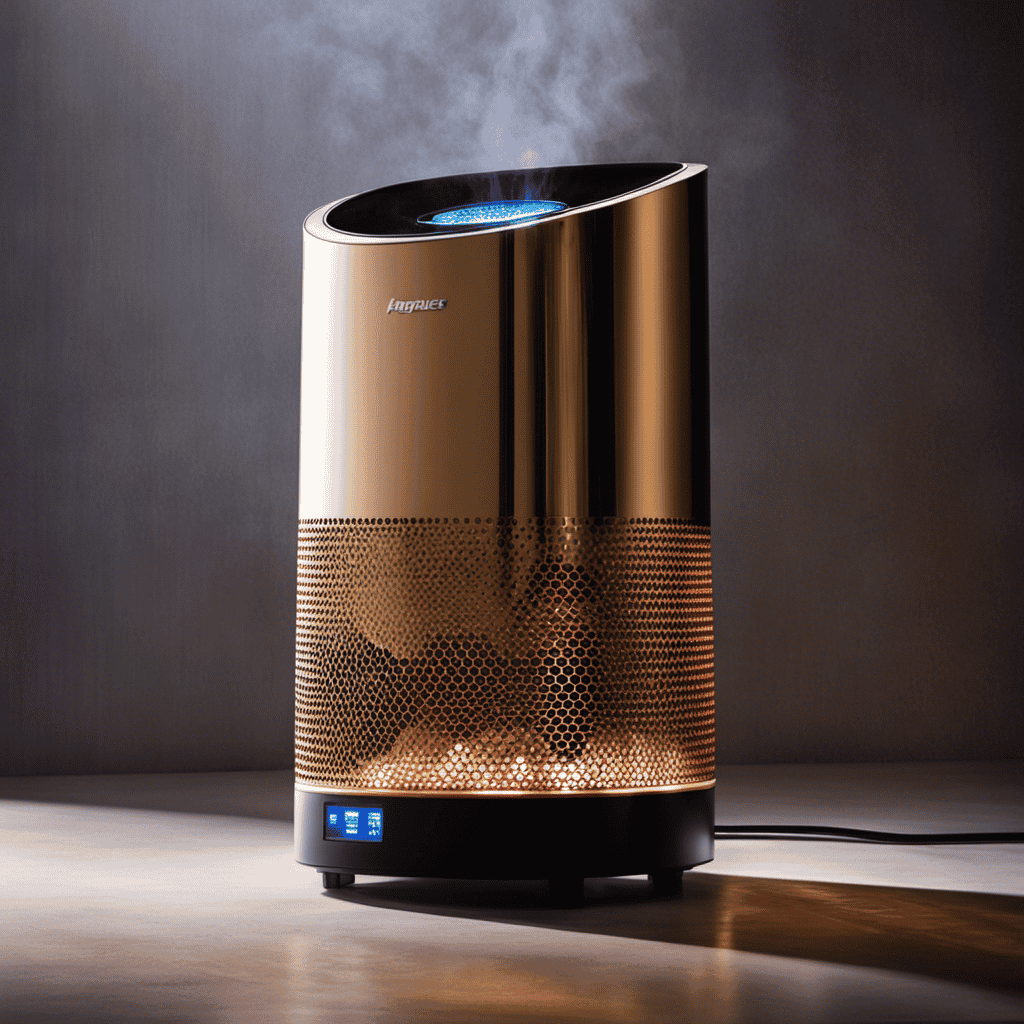 An image that showcases a close-up of an electrostatic air purifier in action, capturing the vibrant glow of ions being released, while perfectly illustrating the removal of airborne particles through the device's intricate filtration system