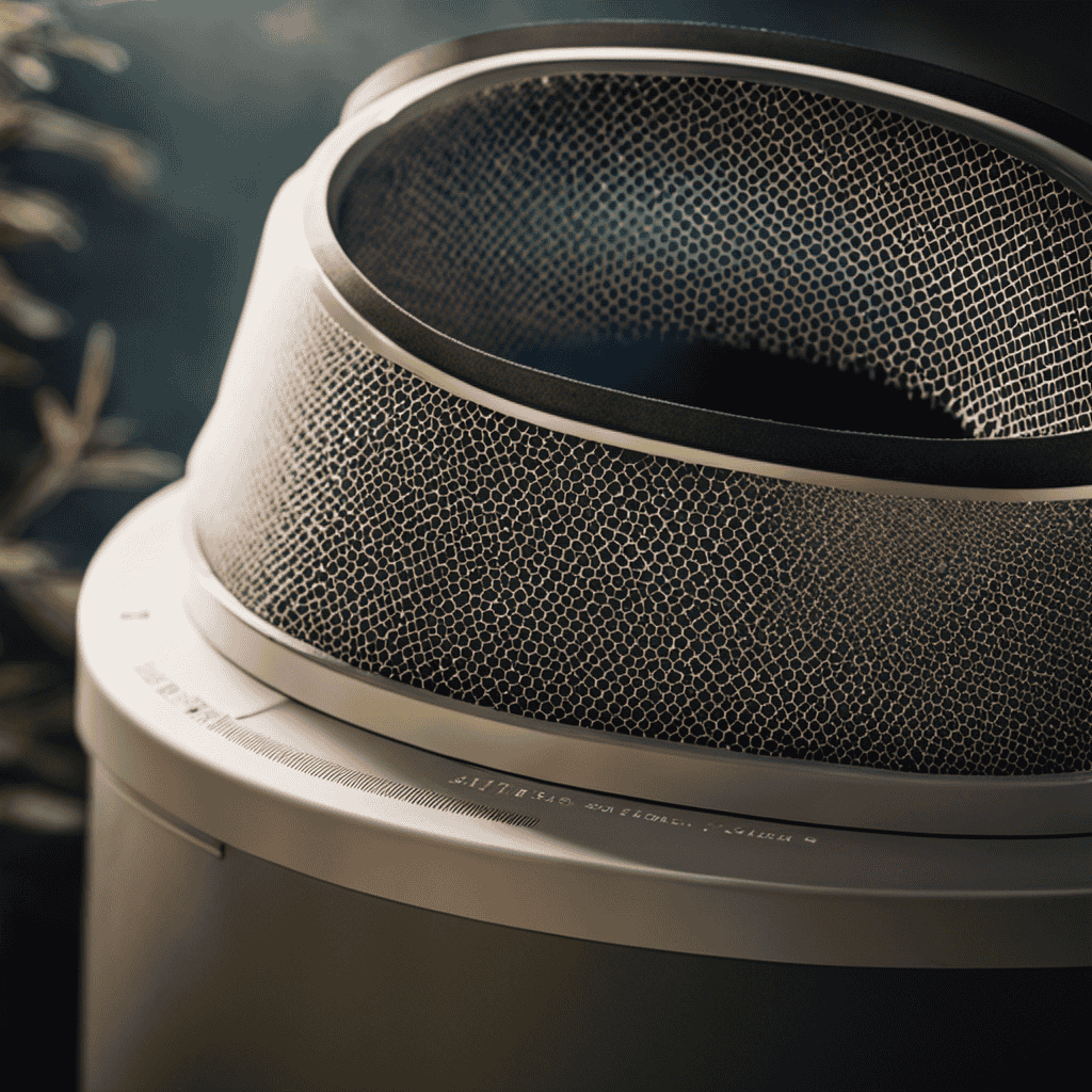 An image featuring a close-up view of a dusty air purifier filter with visible dirt particles, surrounded by clean, fresh air