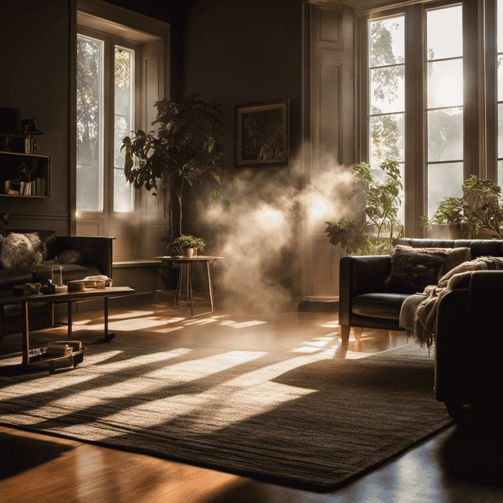 an image of a dimly lit living room, with visible dust particles floating in the air