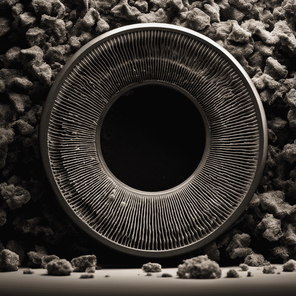 An image showcasing an air purifier filter covered in a thick layer of dust and debris, with a clear contrast between the clean and dirty portions