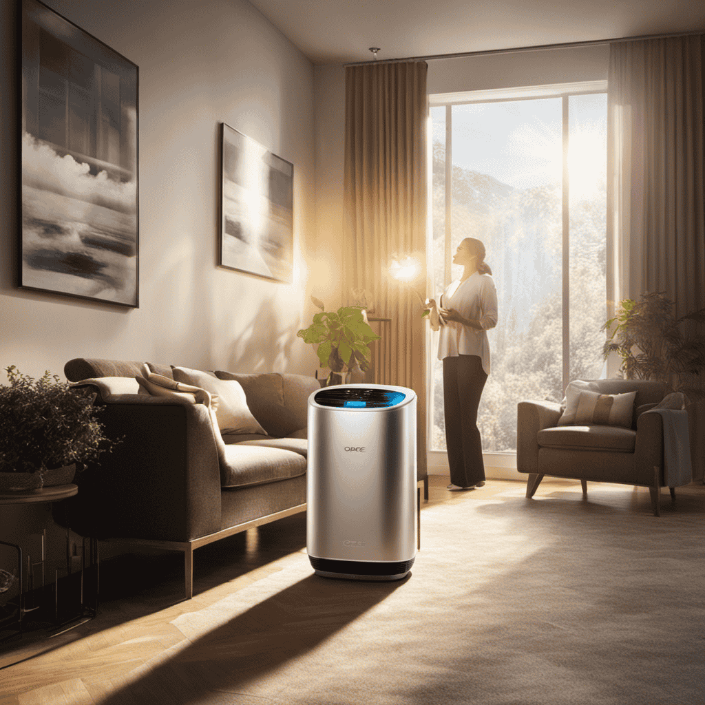 An image featuring a person holding an air purifier in a room filled with fresh, clean air