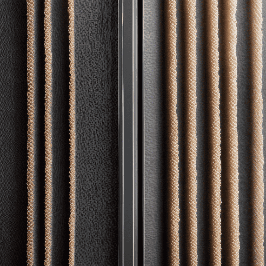 An image that shows a close-up view of an air purifier filter with layers of dust, allergens, and pollutants visibly caked onto the surface