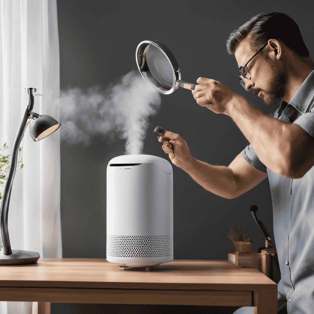 An image showcasing a person placing a small particle of dust near the air purifier intake, while using a magnifying glass to inspect the resulting air output for cleanliness and absence of pollutants