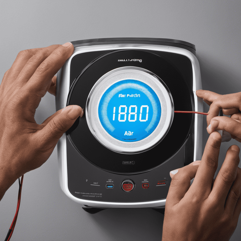 An image showcasing a person placing a small device with wires near the coil of the Living 880 Air Purifier