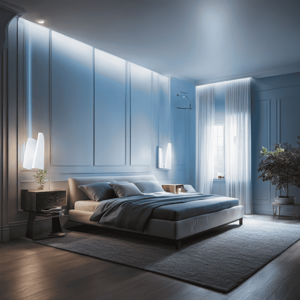 An image showcasing a room with an air purifier placed at one corner, illuminating the air with soft blue light