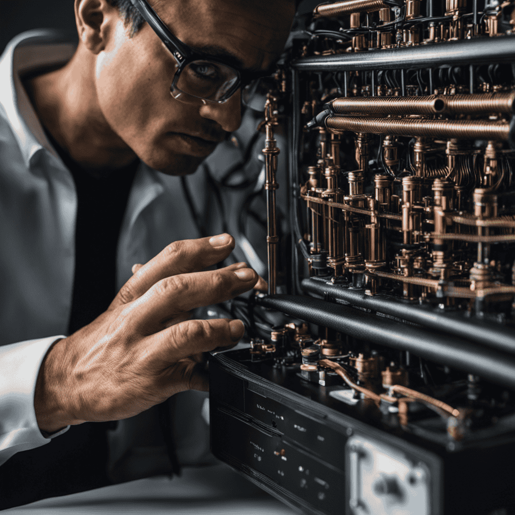 An image showcasing a close-up shot of a technician's hand delicately inspecting the intricate coil system of a Living Air Purifier