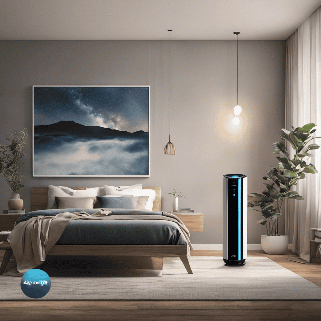 An image showcasing a serene bedroom with a Lovoit Air Purifier in the corner