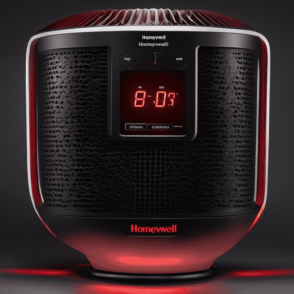 An image showcasing a Honeywell Air Purifier with a prominently displayed red light