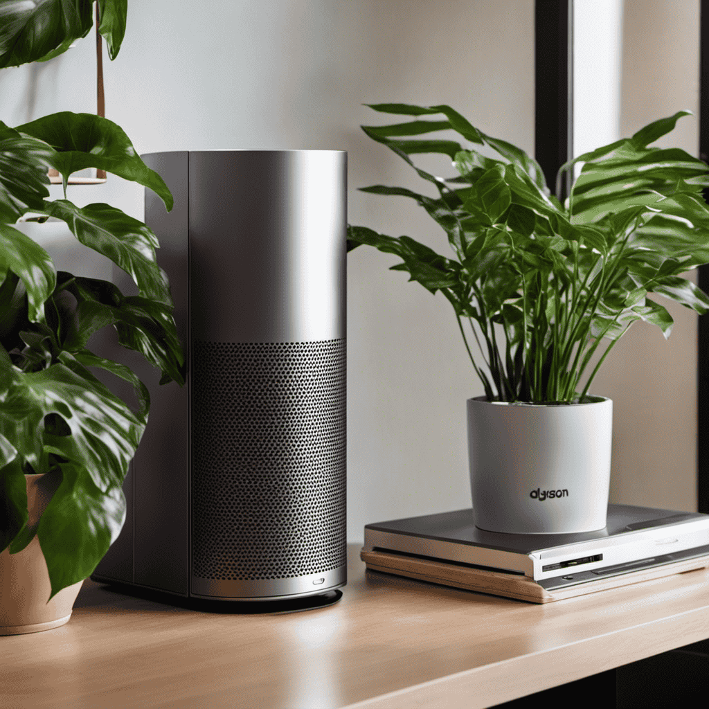An image showcasing a hand reaching out to press the power button of a sleek Dyson air purifier, with the device placed on a clean, clutter-free table, surrounded by a fresh, green indoor plant, emanating a sense of cleanliness and tranquility