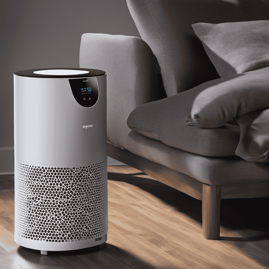 An image showcasing a hand reaching for the power button on an air purifier, with the device illuminated and producing a gentle, swirling motion of purified air in a well-lit room