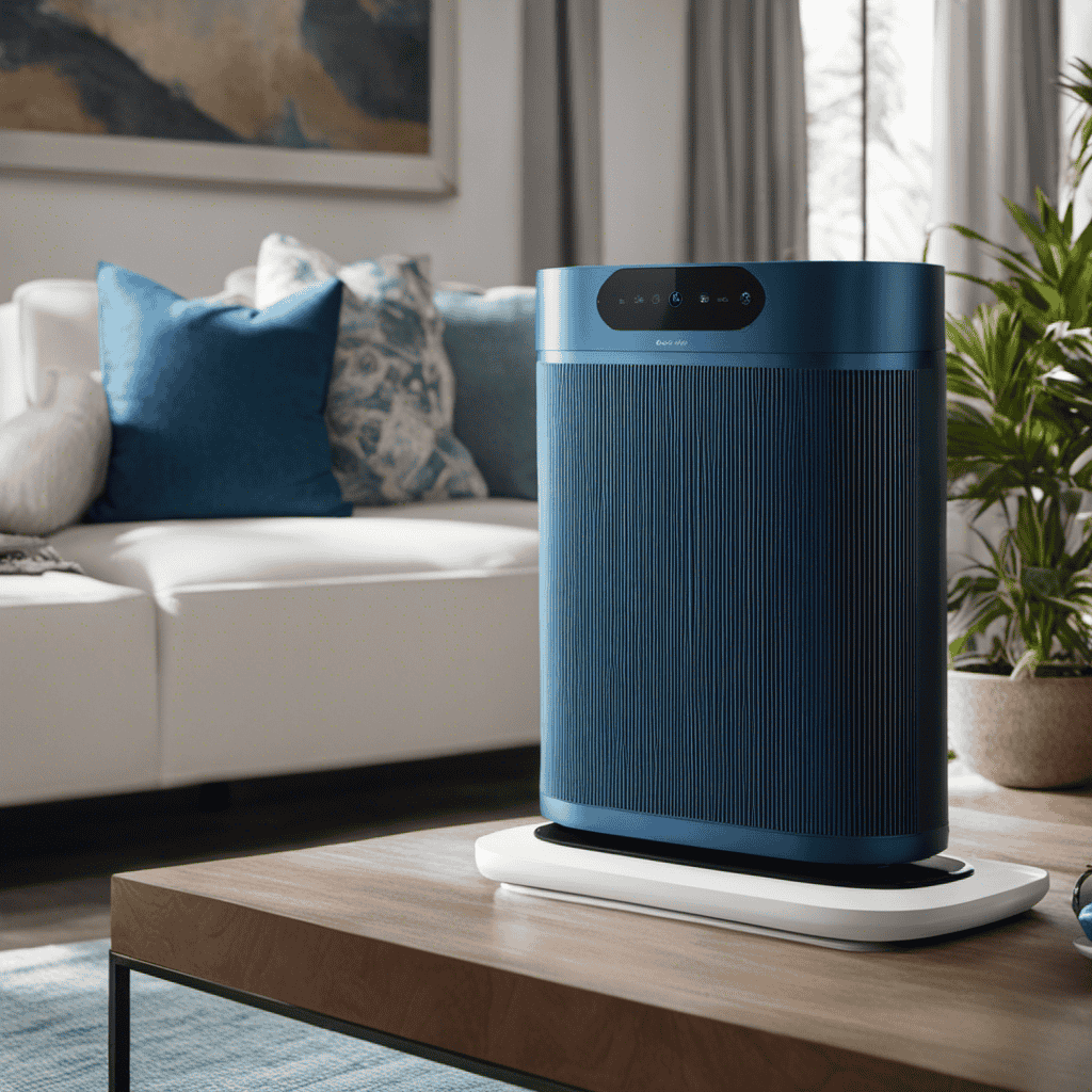 An image capturing a close-up of a hand, fingers delicately pressing the power button on a sleek blue air purifier, surrounded by a pristine living room with fresh air circulating and vibrant plants