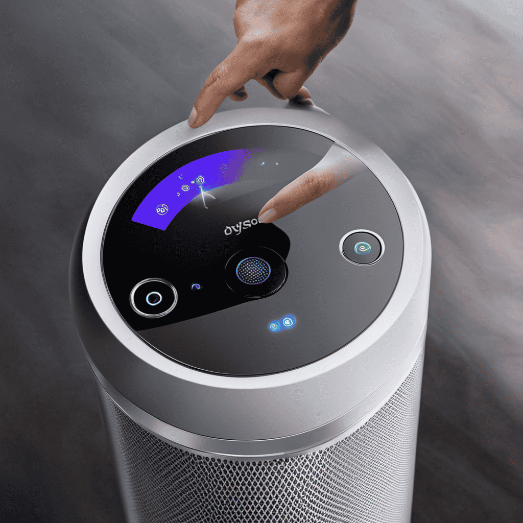 An image featuring a close-up shot of a hand pressing the power button on a Dyson Air Purifier, showcasing the button's distinctive design and placement, with clear, visible instructions on how to turn it on