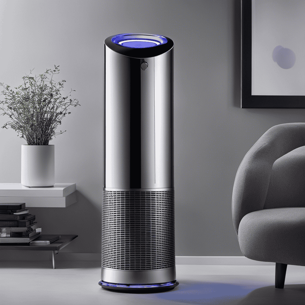 An image depicting a hand gracefully pressing the power button on a sleek Dyson Air Purifier, with soft ambient lighting illuminating the room and purified air gently circulating around, showcasing the step-by-step process of turning it on