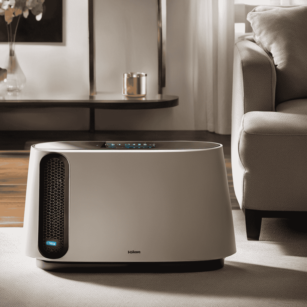 An image showcasing a close-up of a hand gently pressing the power button on a sleek Holmes Air Purifier, with soft light illuminating the room, highlighting the purifier's elegant design and simplicity
